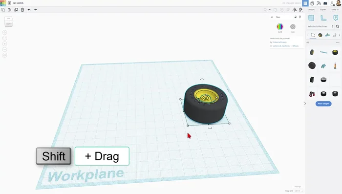 Hinzufügen von Rädern und Skalieren/Positionieren mithilfe der Umschalttaste und Pfeiltasten.