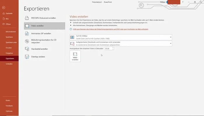 Exportiere die Präsentation als Video unter "Datei" -> "Exportieren" -> "Video erstellen". Wähle die gewünschte Qualität (z.B. Full HD) aus.