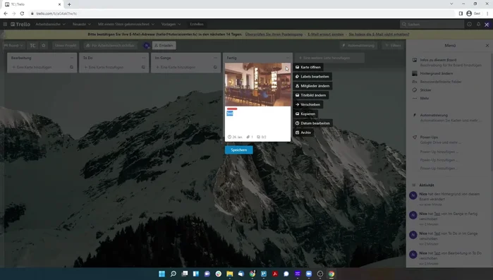 Karten verwalten: Verschiebe Karten zwischen Spalten, archiviere/lösche sie, bearbeite Labels und füge Anhänge hinzu.