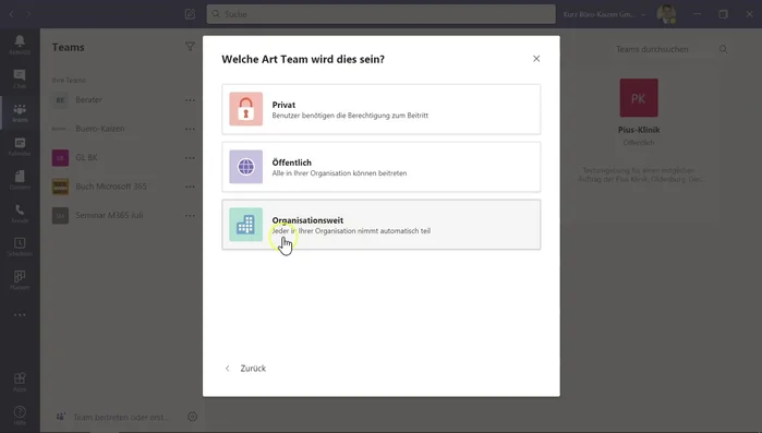 Wähle 'Privat' als Teamtyp.