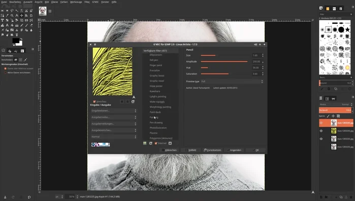 Obere Ebene aktivieren. G'MIC Filter: "Artistik", dann "Painting". Werte anpassen: Abstraction 3, Skalierung 1.6, Farbe 6, Weichzeichner 410.