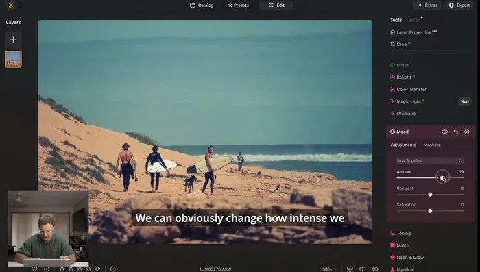 Verfeinern Sie das Bild mit weiteren Anpassungen wie Kontrast, Sättigung etc. Verwenden Sie die Vorher-Nachher-Ansicht, um Ihre Änderungen zu kontrollieren.