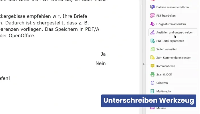 Rechts im Werkzeugkasten das Werkzeug "Ausfüllen und unterschreiben" auswählen.
