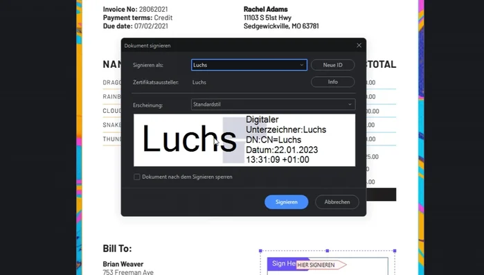 Erstelle eine neue Signatur mit deinen Daten (oder verwende deine Windows-Signatur).