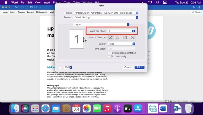 Seiten pro Blatt und Ränder unter 'Layout' anpassen. Beidseitiger Druck aktivieren.