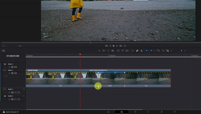 Position der Geschwindigkeitspunkte feinjustieren, um die Übergänge zu optimieren. Den unteren Teil des Markers verschieben ändert die Dauer, der obere Teil ändert die Geschwindigkeit.