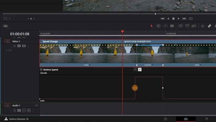 Keyframes auswählen und das Symbol mit dem Punkt und der geraden Linie durch das Symbol mit der Kurve ersetzen, um Speed Ramps zu erstellen.
