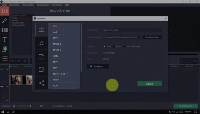 Diashow exportieren (Format, Qualität, Ausgabegerät wählen).