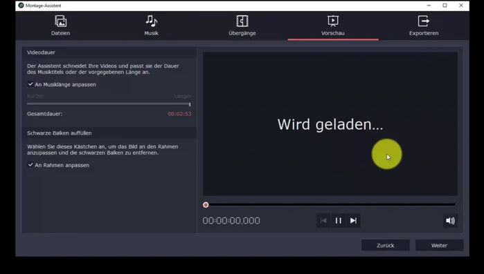 Übergänge zwischen Clips hinzufügen (manuell oder mit dem Übergangsassistenten).