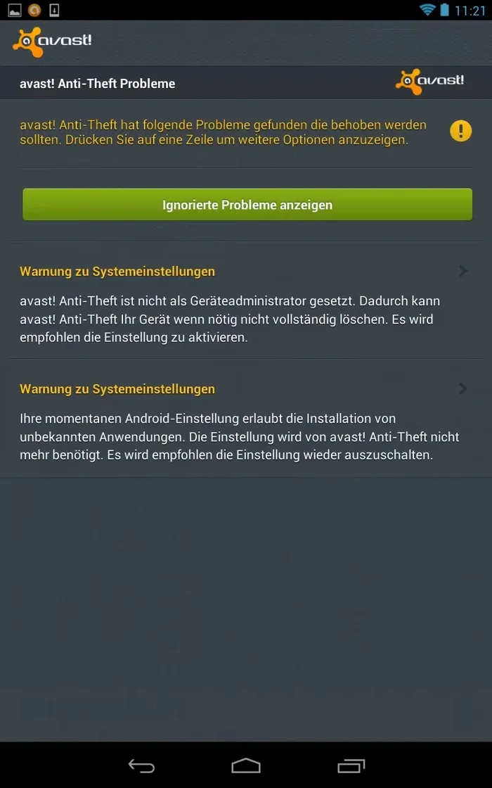 Die Warnung oben rechts in der Anti-Theft Konfiguration beachten und die notwendigen Schritte zur Geräteadministrator-Berechtigung durchführen.