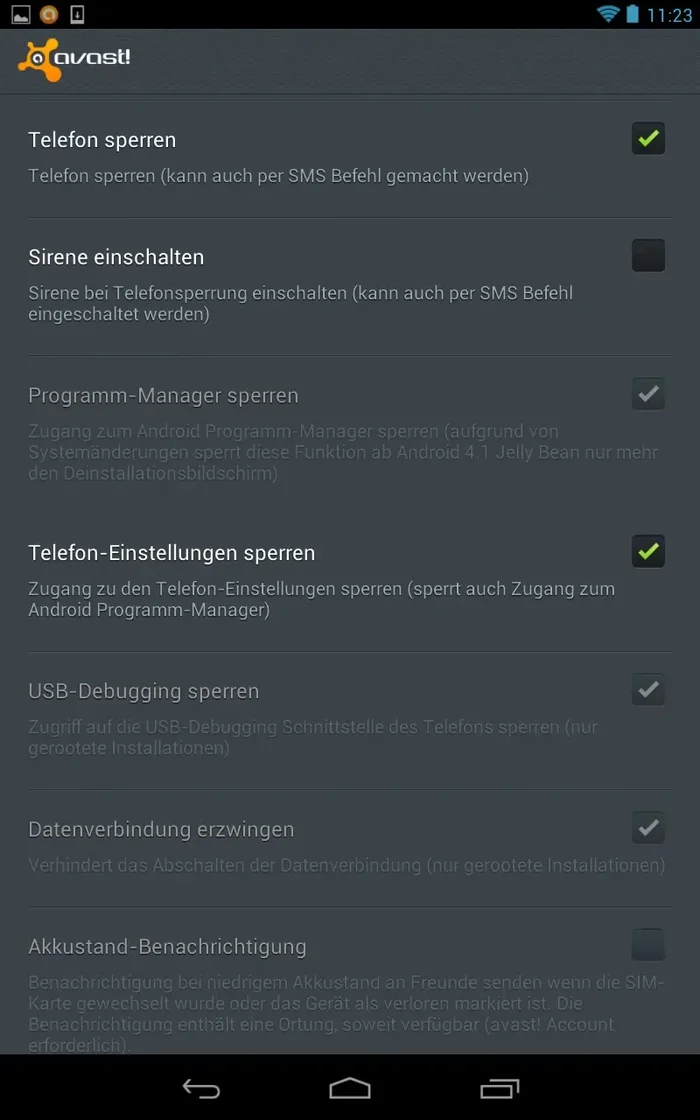 Sparverhalten konfigurieren (Telefon sperren, Telefoneinstellungen sperren, GPS löschen aktivieren).