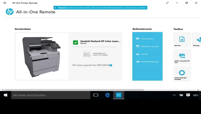 Nutzen Sie die verschiedenen Kacheln (Druckerinformationen, Toolbox, Dienste, Ressourcen) innerhalb der App für weitere Funktionen wie Drucken, Scannen, Wartung und Zugriff auf HP Support.