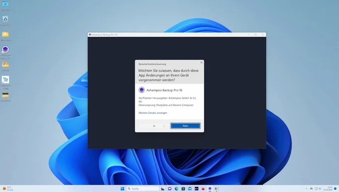 Backup starten: Nach Zusammenfassung startet der Backup-Prozess. Windows-Berechtigungsabfrage bestätigen.