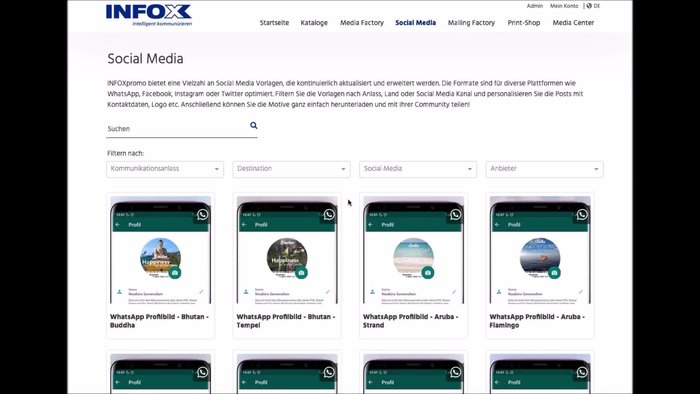Wählen Sie eine passende Vorlage aus den verfügbaren Kategorien (Kommunikation, Destination, Social-Media-Kanal, Format, Anbieter) aus.