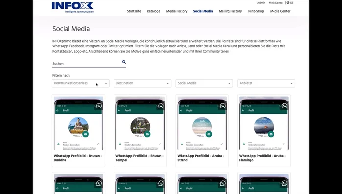Wählen Sie eine passende Vorlage aus den verfügbaren Kategorien (Kommunikation, Destination, Social-Media-Kanal, Format, Anbieter) aus.