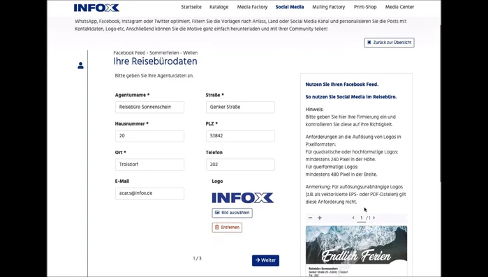Überprüfen Sie die personalisierte Vorlage auf der rechten Seite. Klicken Sie auf "Weiter", wenn alles korrekt ist.