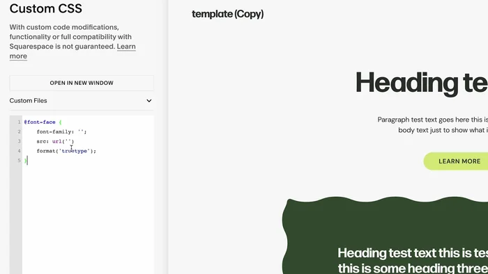 Fügen Sie den folgenden CSS-Code ein (den Codeblock aus der Videobeschreibung anpassen und die URL der hochgeladenen Schriftart einfügen):