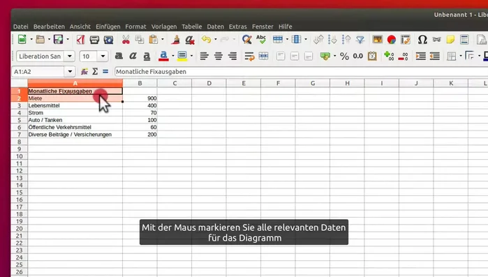 Die relevanten Daten in der Tabelle markieren.