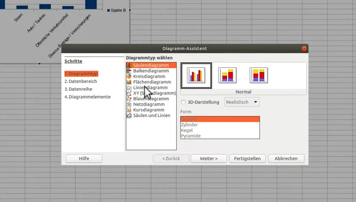Den gewünschten Diagrammtyp auswählen (z.B. Kreisdiagramm, Liniendiagramm, Säulendiagramm, je nach Datenart).