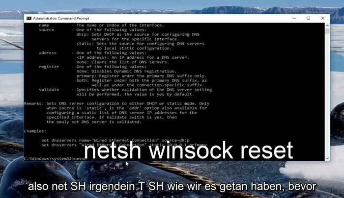 Eingabe: `netsh winsock reset` und Enter (Computer neu starten)