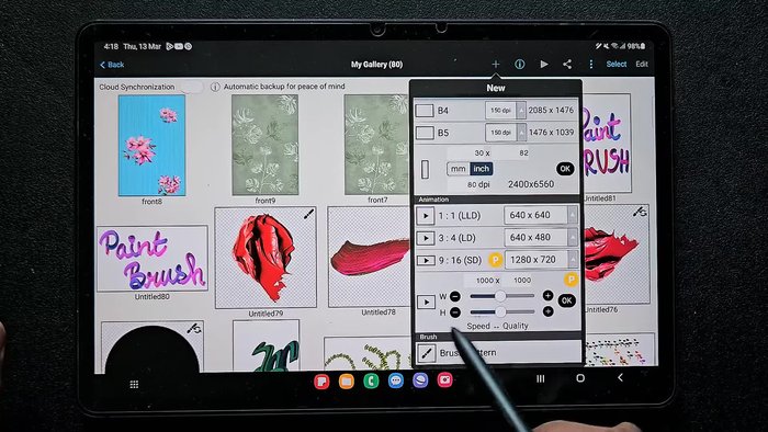 Tippen Sie auf „Pinselmuster“ und dann auf das Kreuz-Symbol, um einen Basispinsel auszuwählen. Wählen Sie einen harten F-Tip-Stift oder einen ähnlichen Pinsel.
