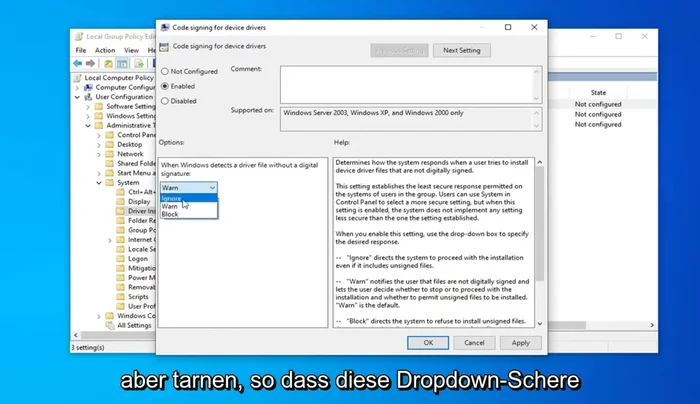Im Dropdown-Menü "Ignorieren" auswählen (optional, aber empfohlen: "Warnung").