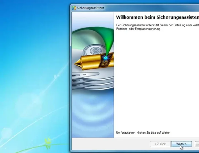 Das Laufwerk (oder die Partitionen) auswählen, welches/welche gesichert werden soll/sollen und auf "Weiter" klicken.
