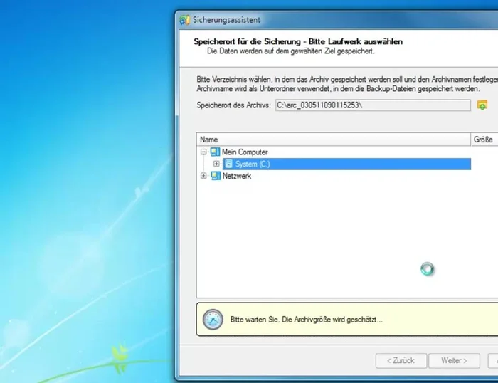 Den Speicherort des Image der Festplatte angeben und auf "Weiter" klicken.