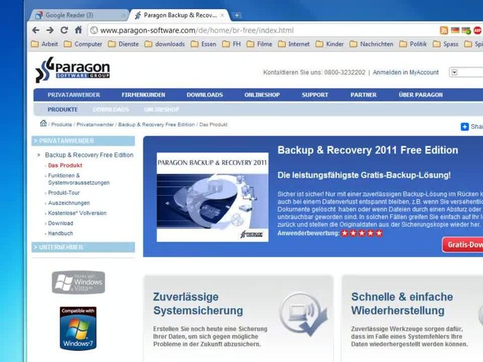 Paragon Backup & Recovery Free Edition herunterladen und installieren. Einen Produktschlüssel und eine Seriennummer (kostenlos während der Installation anfordern) eingeben.
