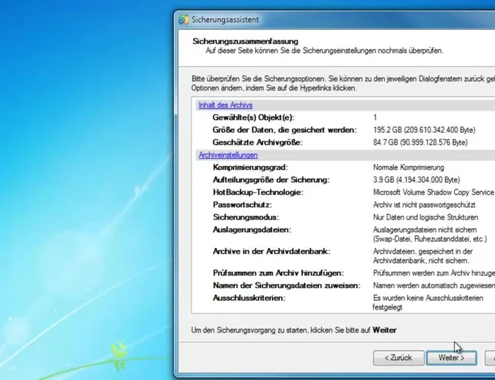 Die Einstellungen in der Zusammenfassung überprüfen und auf "Weiter" klicken.