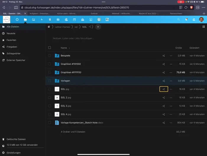 Ordner auswählen, auf das Teilensymbol klicken.