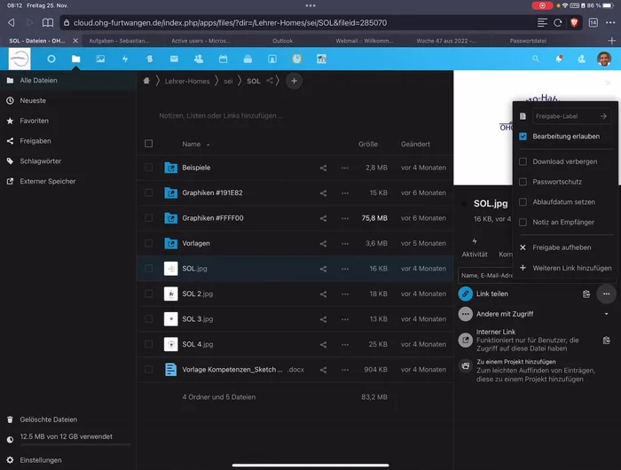 Zusätzliche Einstellungen über die drei Punkte (z.B. Bearbeitung erlauben, Download verbergen) vornehmen.