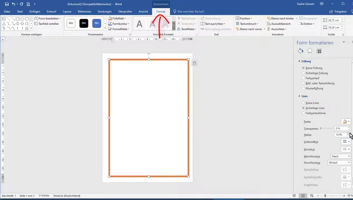 Schräge Seiten erstellen: Rechteck markiert lassen -> Registerkarte "Format" -> "Form bearbeiten" -> "Punkte bearbeiten". Die vier schwarzen Punkte an den Ecken des Rechtecks ziehen, um schräge Seiten zu erzeugen.