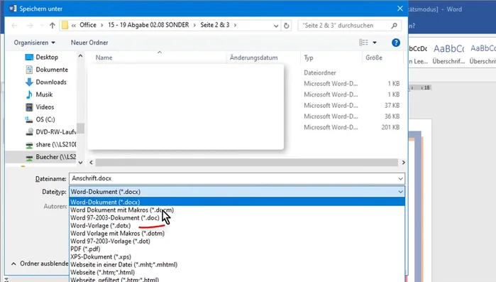 Vorlage speichern: F12 drücken. Im Feld "Dateityp" "Word-Vorlage (*.dotx)" auswählen. Einen Namen vergeben (z.B. "Schräge Rahmen") und speichern.