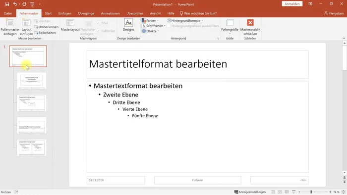 Elemente hinzufügen: Logos, Grafiken, Text auf allen Layouts gleichzeitig einfügen.