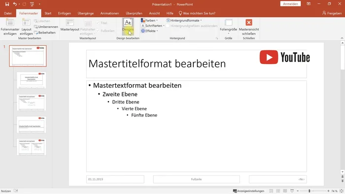 Designs und Farben anpassen: Schriftart, Farben und Designs für alle Folien zentral ändern.