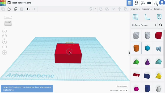 Tastaturkürzel 'C' drücken, um die Platzierung auf der Arbeitsebene zu erzwingen.