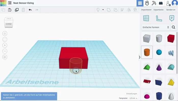 Tastaturkürzel 'C' drücken, um die Platzierung auf der Arbeitsebene zu erzwingen.