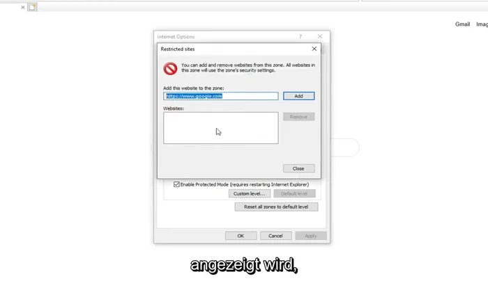 Fügen Sie die blockierte Website (URL) in das Feld ein und klicken Sie auf "Hinzufügen".