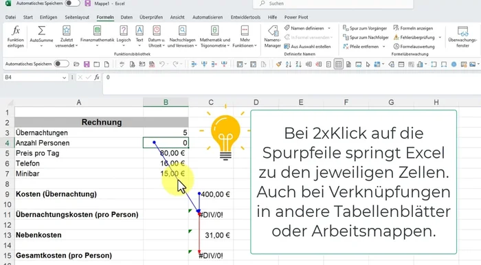 Doppelklick auf einen Pfeil springt direkt zur jeweiligen Zelle.