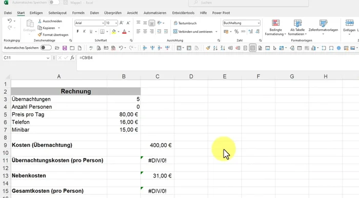 Klicke in die Zelle mit dem Fehler.