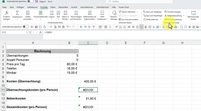 Klicke auf 'Spur zum Nachfolger' um zu sehen, wo die Formelzelle verwendet wird.