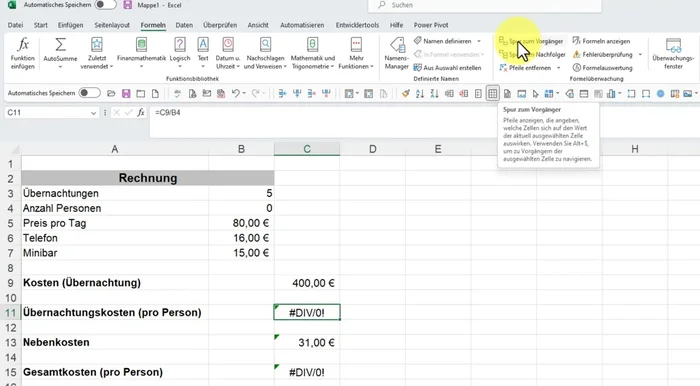 Klicke auf 'Spur zum Nachfolger' um zu sehen, wo die Formelzelle verwendet wird.