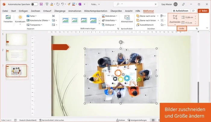 Bildgröße anpassen: Bild zuschneiden, genaue Größe in Zentimetern festlegen.