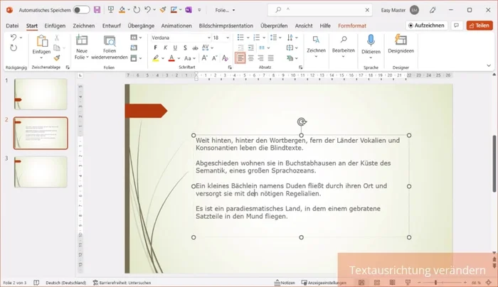 Aufzählungszeichen/Nummerierungen einfügen/verändern: In der Registerkarte 'Start' auf 'Nummerierung' bzw. 'Aufzählung' klicken. Neue Ebenen durch Enter am Ende der vorherigen Zeile hinzufügen.