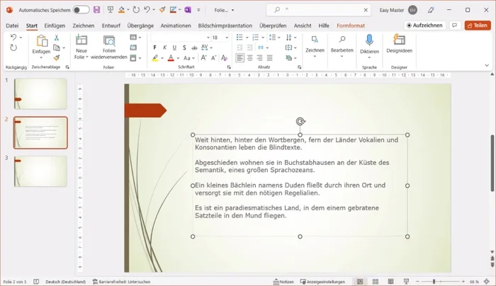 Aufzählungszeichen/Nummerierungen einfügen/verändern: In der Registerkarte 'Start' auf 'Nummerierung' bzw. 'Aufzählung' klicken. Neue Ebenen durch Enter am Ende der vorherigen Zeile hinzufügen.