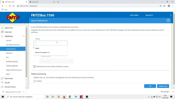 Erstellen Sie in der Fritzbox ein neues Telefonbuch.