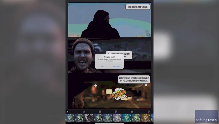 Im Exportfenster auf den Pfeil nach unten tippen, um die Comic-Seite in der Mediathek des Tablets zu speichern.