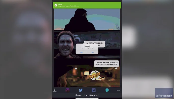 Im Exportfenster auf den Pfeil nach unten tippen, um die Comic-Seite in der Mediathek des Tablets zu speichern.