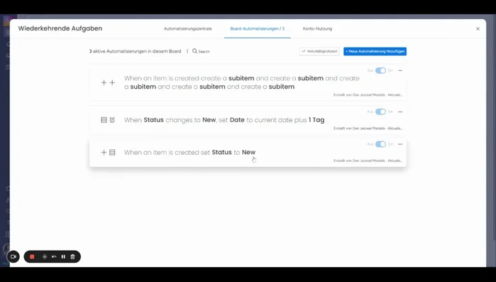 Fügen Sie weitere Automatisierungen hinzu, z.B. den Status auf 'Neu' setzen, wenn ein Artikel erstellt wird (65.58).